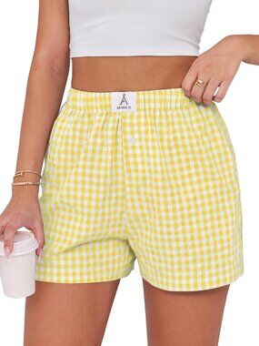 Women's Yellow White Plaid Gingham Beach Bottoms Summer Lounge Sleep Shorts